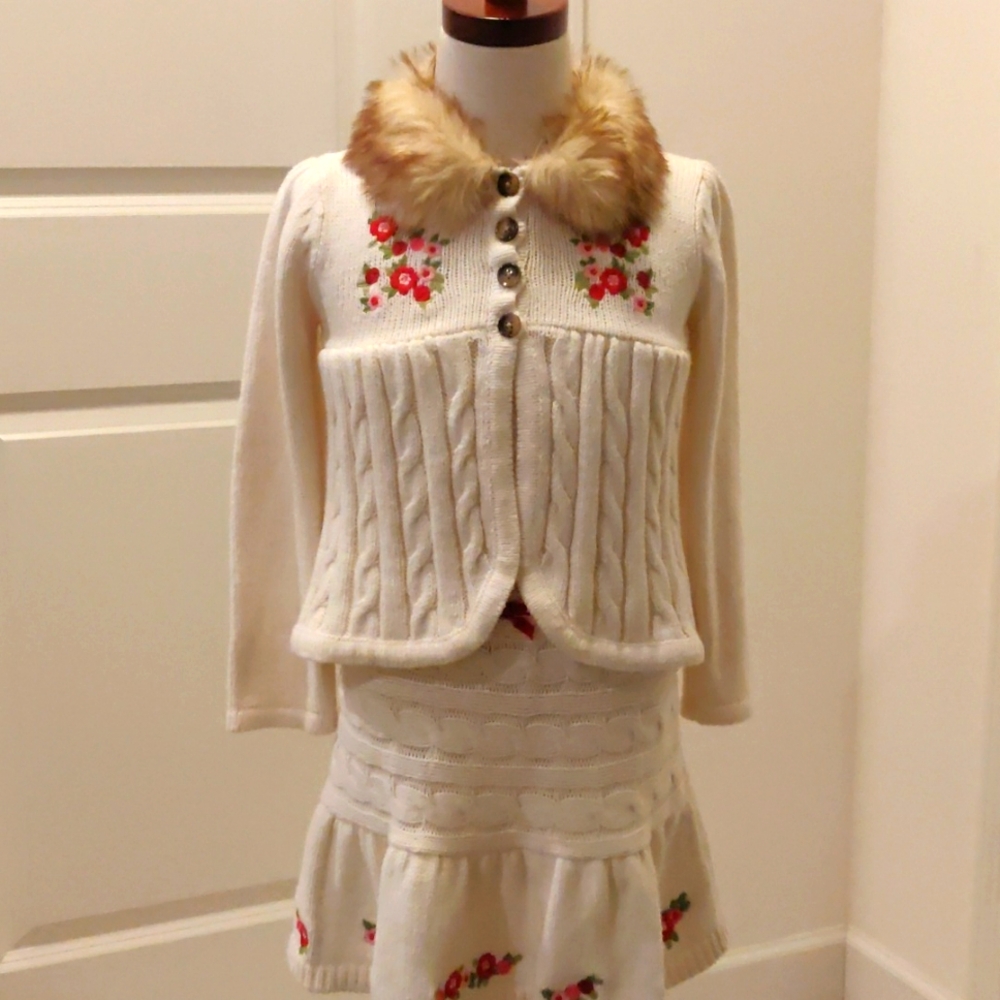Gymboree cream/ivory cable knit sweater skirt embroidered 4-5T